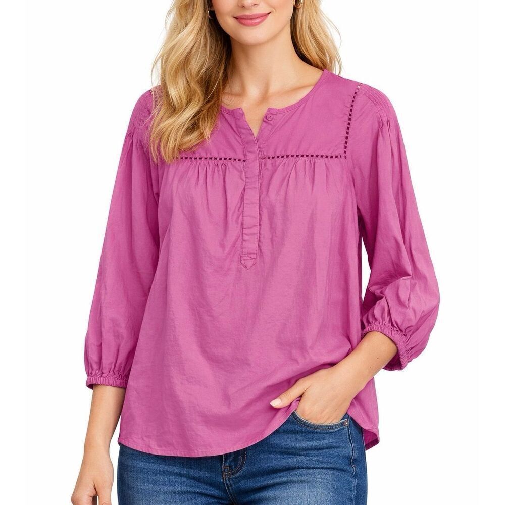 Loft pink cotton puff sleeve boho blouse size M